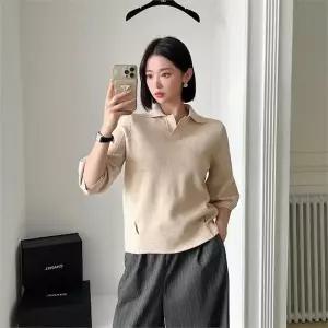 [하프클럽/다잇템_패션]여자 다크 민무늬 밤색 스웨터 칠부반팔 카라티