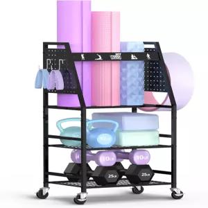 마이싱로직 요가 매트 보관 랙 덤벨 케틀벨 폼 롤러용 홈 짐 스트랩 및 저항 밴드 후크와 바퀴가 달린 운동