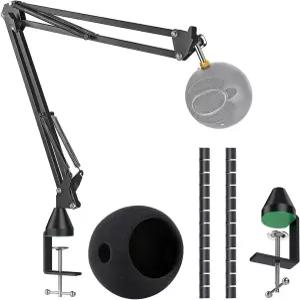 폼 커버가 있는 유셰어 마이크 스탠드 - 파란색 스노우볼 마이크와 호환되는 붐 암 팝 필터