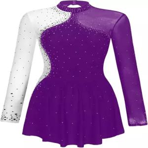 이니임 여성 롱 슬리브 피겨 스케이팅 드레스 반짝이는 라인스톤 발레 스커트 레오타드