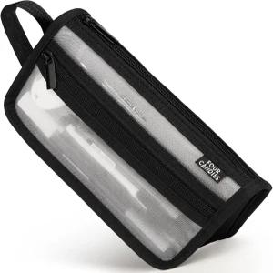 손잡이와 지퍼가 달린 네 개의 캔디 그리드 메시 필통 투명 이중층 펜 파우치 마커 여행용 메이크업 가방