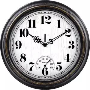 zyzamay 12인치 실내 실외 시계 온도계가 있는 방수 벽 읽기 쉬움 논티킹 배터리 작동 품질의 쿼츠 파티오