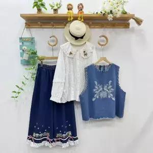 타노스여자 데일리룩 조끼 캐주얼 데님 가을 계 자수 라운드 풀오버 레이어드 KUK3