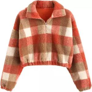 ZAFUL 여성 패션 긴팔 라펠 하프 지퍼 플레인 인조 모피 스웨트셔츠 솔리드 컬러 크롭 풀오버 상의