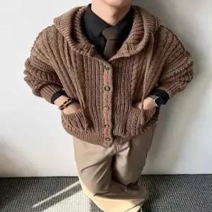 토르 남성용 니트 가을 빈티지 꽈배기 카디건 후드 단추 커플 OPH3