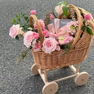 라탄 유모차 소품 카트 장식품 손잡이 촬영 사진 나무