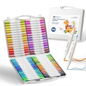 [미국배송] ENMY 듀얼 팁 아크릴 페인트 마커 휴대용 케이스가 있는 60가지 색상 마커 펜 유리 도자기 세라믹 암석 캔버스 DIY 아트 용품용