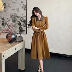 엘럽 여성용 원피스 가을 정장 긴팔 코듀로이 프렌치 벨트 롱스커트 원템3