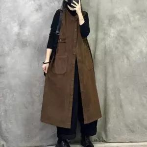 치마 원피스 여성용 하프 빈티지 가을 민소매 나시 카디건 솔리드 코듀로이 KS3