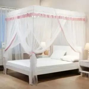 체크 커튼형 침대 모기장 180x200cm 핑크 공주모기장 레이스모기장