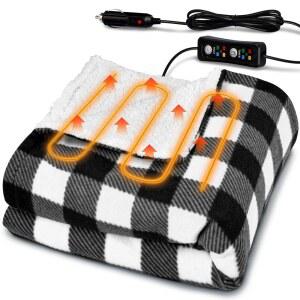 12V 차량용 온열 담요 59인치 x39인치 휴대용 담요, 4가지 난방 타이밍 설정으로 부드럽고 편안한 차량 SUV 캠핑용 블랙앤화이트