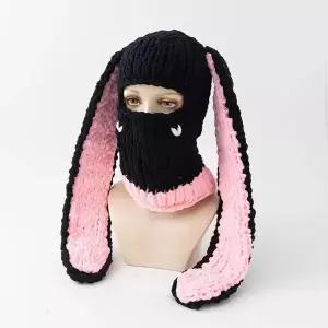 Y2K 롱 토끼 귀 재미있는 발라클라바 모자 겨울 두꺼운 핸드메이드 니트 비니 할로윈 파티 스키 마스크 스