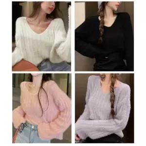 봄 가을 여성 예쁜 루즈 브이넥 퍼 크롭 니트 티셔츠