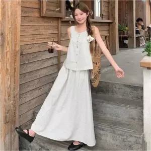 여자 여름 편한 스트라이프 민소매 나시 블라우스 롱스커트 세트