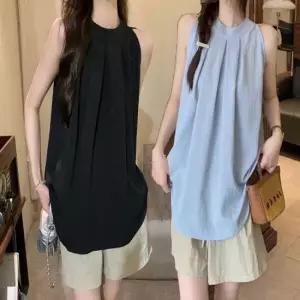 여성 민소매 단정한 홀터넥 여름 핀턱 오피 블라우스