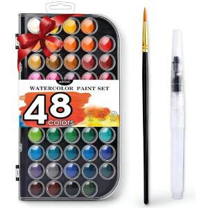 AROIC 48색 선물 아트 물감 여행용 가능한 브러시 워터 리필 애호가를 위한 물감 수채화 세척 키트 미술 12세 생일 세트