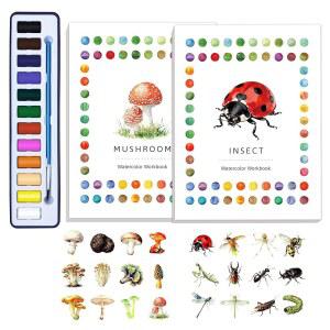CRAFTYMANOR 2PCS 디자인 곤충 12가지 버섯 크리에이티브 페인트 컬러링북 패턴의 워크북 오리지널 DIY 세트 위한 수채화 물감 브러시 초보자를 성인