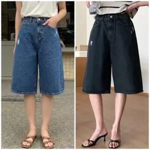 여성 난스판 구제 버뮤다 5부 하프 데님 청반바지