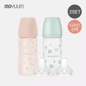 실리콘코팅 노꼭지 유리젖병 240ml 2팩 + 젖꼭지 2p - 디자인 선택