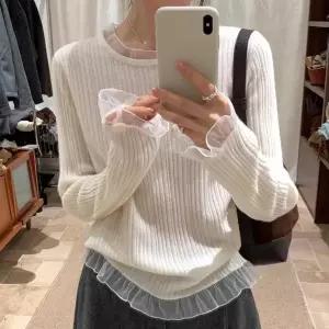 [하프클럽/]여자 골지 U넥 프릴 슬림핏 비침 니트