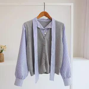 [잇수다] 브룸 리본 타이 니트 조끼 레이어드 스트라이프 카라 셔츠