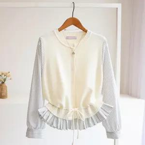 [잇수다] 달렛 프릴 스트링 니트 조끼 레이어드 스트라이프 노카라 셔츠