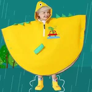 어린이 우비 판초형 노란색 공룡 캐릭터 프린팅 유아 유치원생 초등학생 장마철