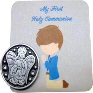 웨스트몬 홀리 카드와 메탈 가디언 엔젤 포켓 장신구 세트를 착용한 소년을 위한 첫 번째 성찬식 토큰 출시