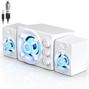 d-208 서브우퍼가 있는 컴퓨터 스피커, rgb pc 데스크톱, aux 입력 플레이, 전원 (화이트) 3.5mm 앤 조명이 모니터, 향상된 시스템, 태블릿용 플러그 하이파이 베이스, 2.1 및 usb/usb-c 스피커 노트북,