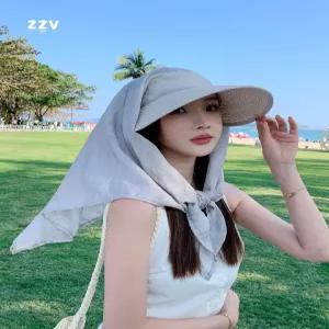 스트랩 실크 스카프  밀짚모자 여성용 햇볕 햇살 모자 여름 자외선 차단 새 머리 커버 목 보호