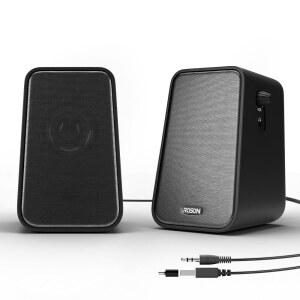 roson 컴퓨터 스피커, 헤드폰 잭이 있는 및 2.0 사이즈 usb 스테레오 컴팩트 컨트롤, 스피커 3.5mm aux 볼륨 멀티미디어 베이스 노트북/데스크톱/태블릿/휴대폰용 향상된 전원