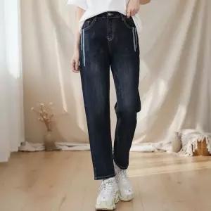 여성 배색포켓 슬림 배기핏 뒷밴딩 스판 청바이