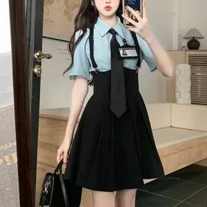 스카이블루 여자 반팔 서스펜더 세라복 세트