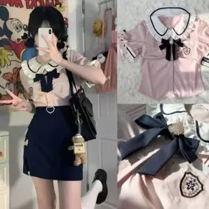 핑크 프릴 트윈리본 마린 세라복 세트  학생복