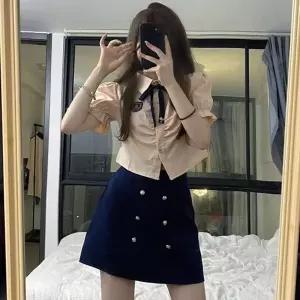 피치 반팔퍼프 블라우스 네이비 버튼치마 세라복