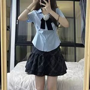 스카이블루 핀턱 반팔 체크치마 세라복 세트