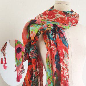 인도 스카프 컬러풀 링클 롱 태슬 프린트 워싱