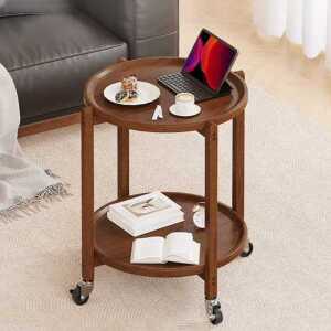 원형 원목 트롤리 카트 이동식 와인 나무 협탁 우드 웨건 2단