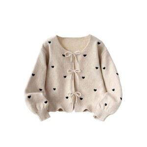 보드엠 소녀의 귀여운 하트 프린트 가디건 스웨터 보우 버튼 다운 크루넥 긴 소매 니트 아우터
