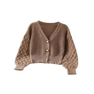 메이크메칙 걸스 케이블 니트 크롭 가디건 스웨터 브이넥 긴팔 버튼 다운