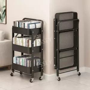 3단 책꽂이 접이식 바퀴달리 북트롤리 이동식북카트 블랙 튼튼한