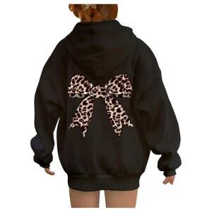 로즈시크 보우 치타 레오파드 후드티 어깨 긴팔 스웨트셔츠 풀오버 프레피 귀여운