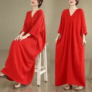 가을원피스 여성 하객 가을 빅사이즈 프렌치 긴팔 자외선 차단 브이넥 레드 슬림핏 원피스 힛템