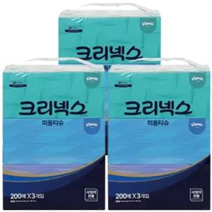100% 천연펄프 크리넥스 미용티슈 200매 총9곽 콤비 3입 x 3팩 무색 무향 각티슈 사무실 회사 학교