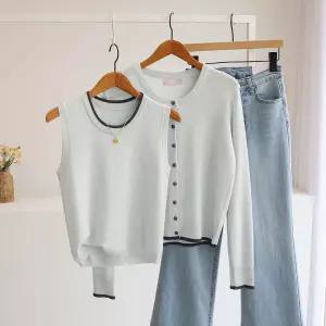 [잇수다] (SET) 베리베 라인배색 라운드 울 니트 가디건 + 나시 세트