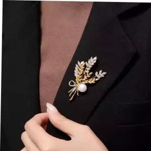 부토니에 황금 복고 레트로 밀 잎사귀 진주 리본 브로치