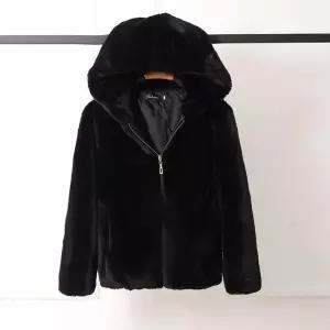 Lucyever 가짜 토끼 모피 후드 코트 여성 블랙 럭셔리 인조 모피 자켓 여성 겨울 지퍼 두꺼운 코트