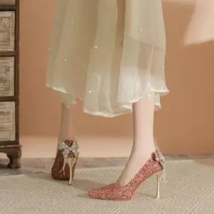 여성용 힐 단화 리본 스팽글 슈즈 프렌치 여주인공 스틸레토 하이힐 크리스탈 큐빅 웨딩 OP5