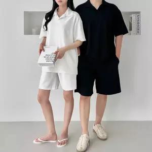 남녀공용 커플 패션 여름 엠보 카라 반바지 반팔 세트