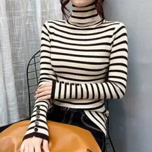 여성 스트라이프 소매 단추 골지 목폴라 니트 티셔츠